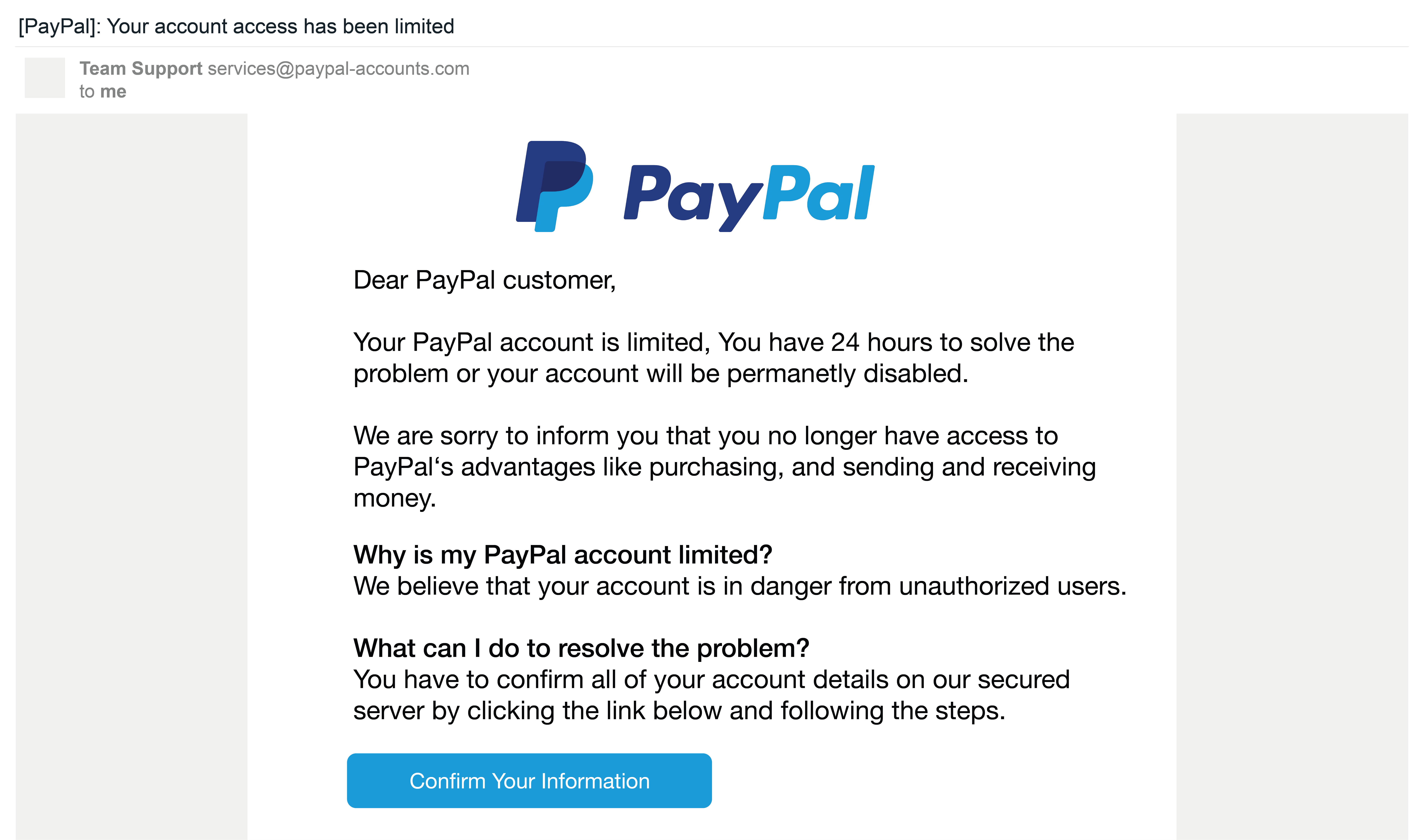 A typical phishing email with suspicious links and an urgent call to action.